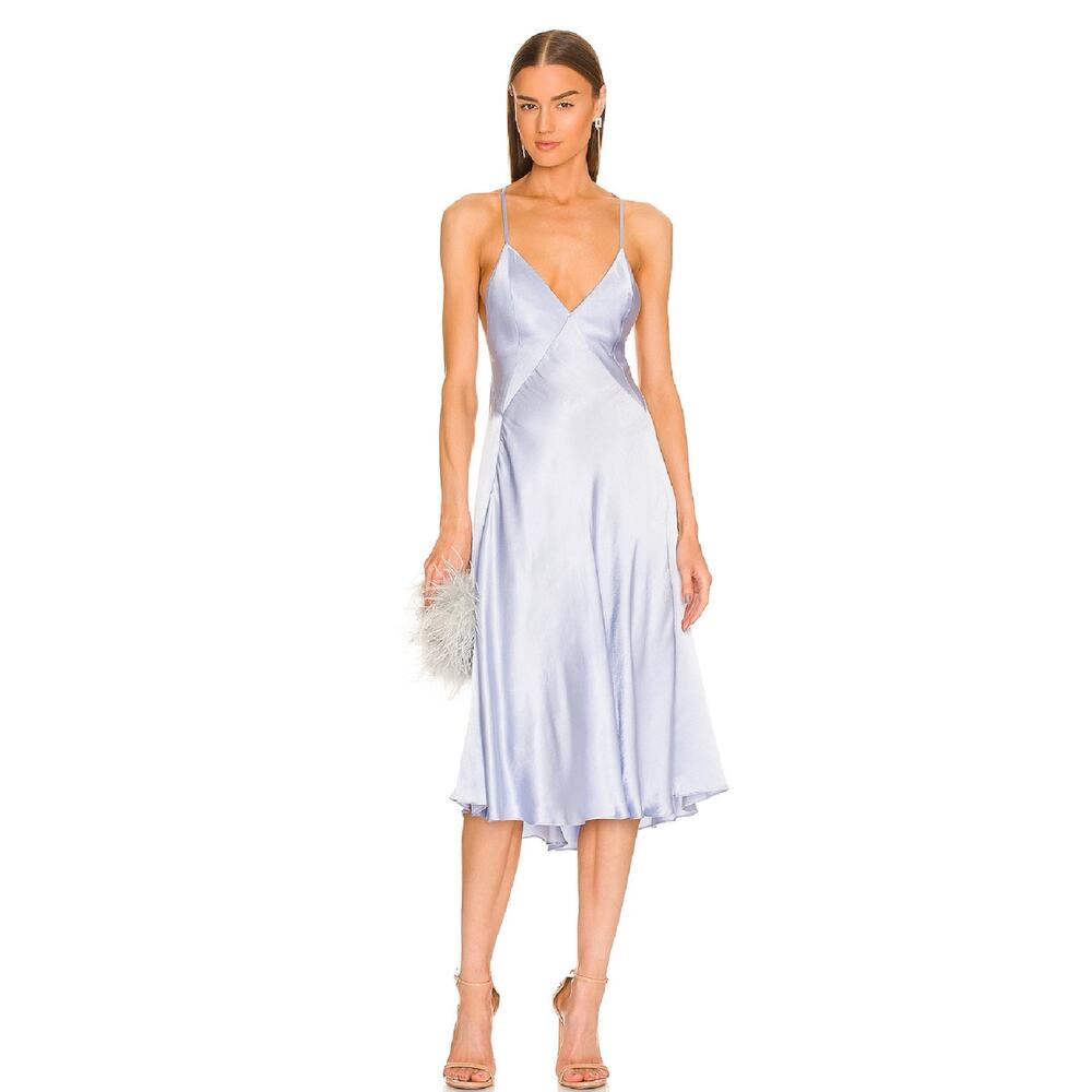 Micheal Costello x Revolve Jolene Baby Blue Satin Open Back Midi Dress S
